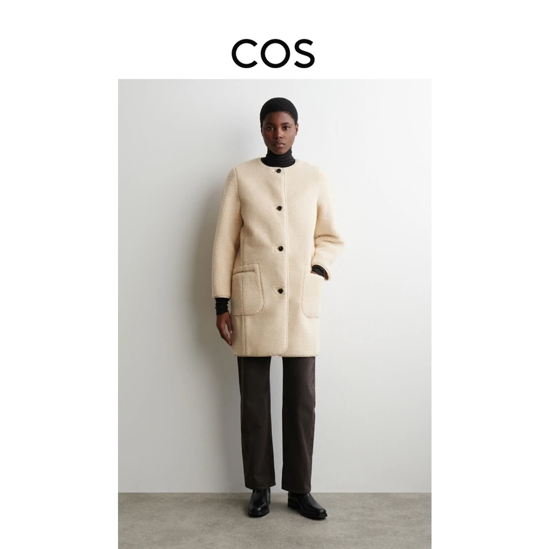 COS女装 标准版型中长款泰迪绒外套米色2025秋季新品1308060002