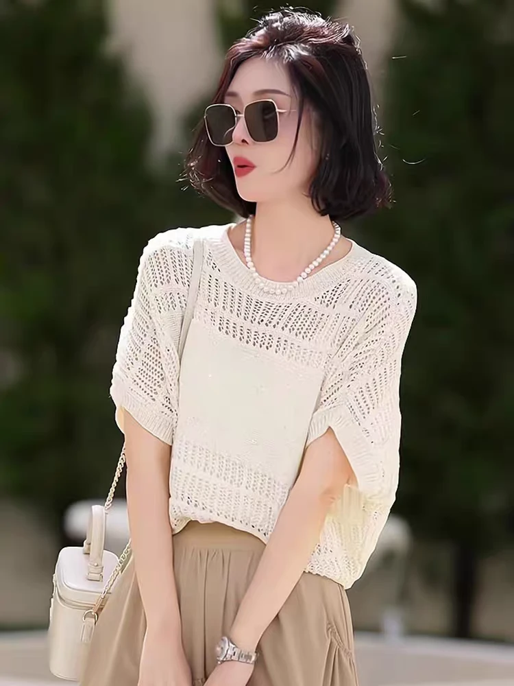 凉感镂空防晒罩衫针织T恤夏季宽松