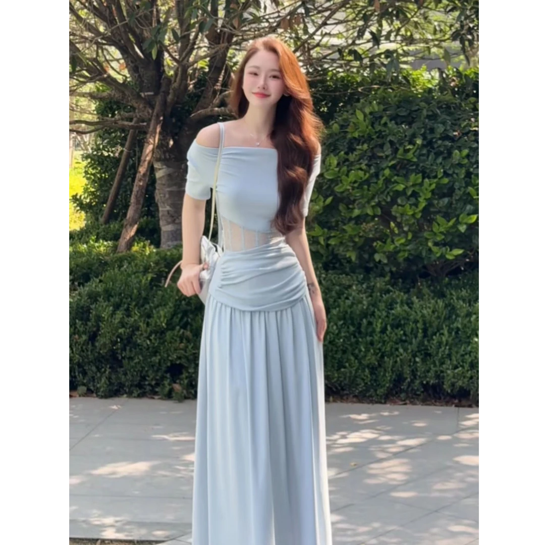 野生辣辣 纸片人 一字肩镂空蕾丝褶皱T恤短袖微胖半身裙大码套装