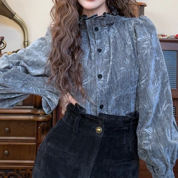 清【港万】秋冬加厚设计感压花捏褶立领衬衫Y4461