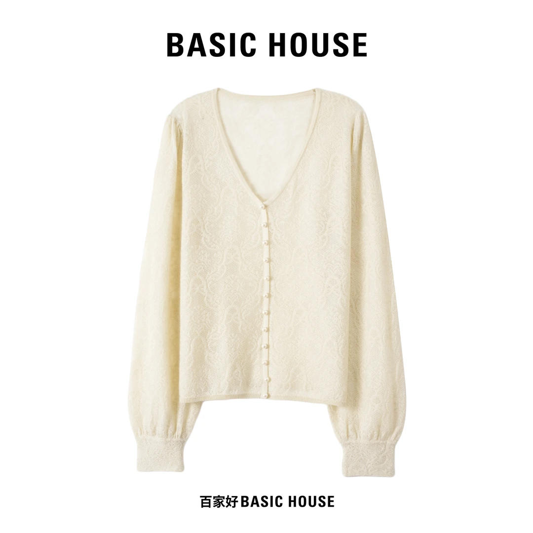 Basic House/百家好2025年新款V领宽松单排扣长袖针织衫H752 MM