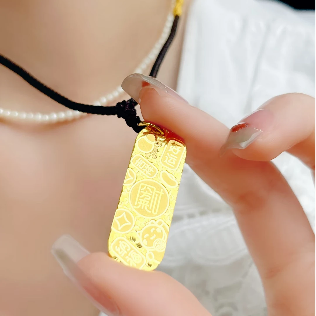 足金碎冰冰吉言财富小金条吊坠双面挂坠素款时尚女士精致款百搭