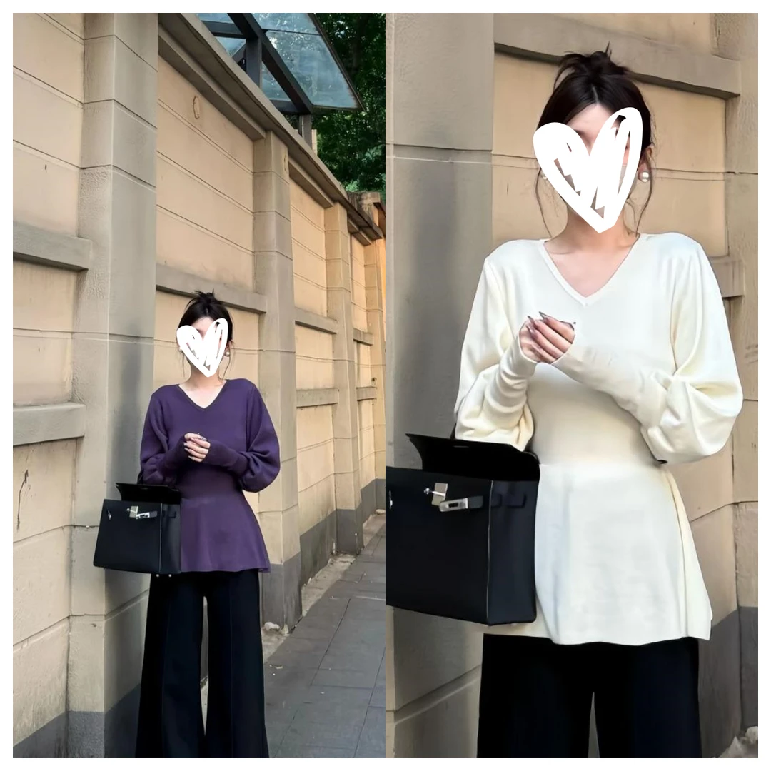 【紫韵腔调】秋冬修身显瘦针织衫新款V领灯笼袖内搭打底衫C6642