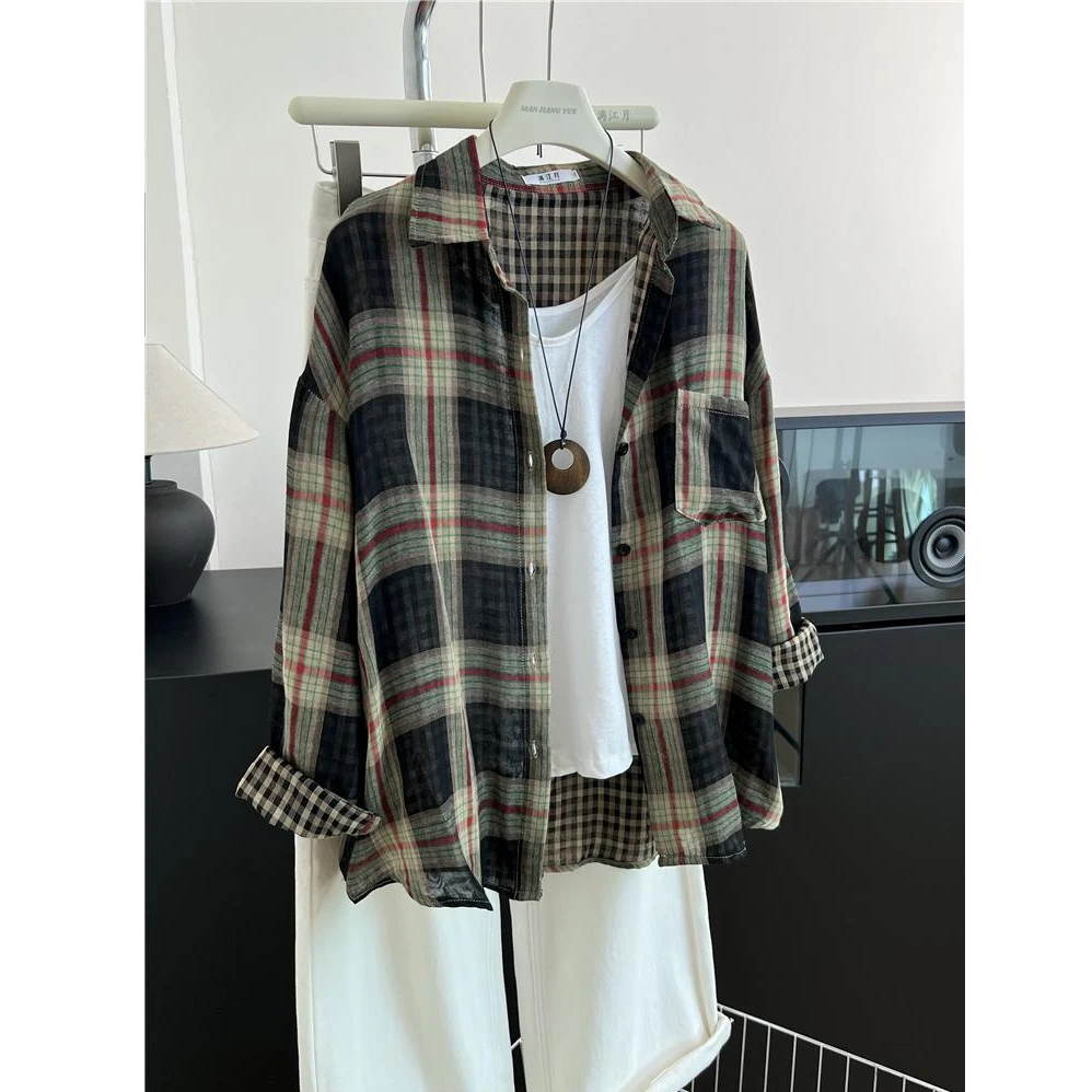 复古显白~双面棉纱格子衬衫女!秋韩系百搭宽松叠穿休闲衬衣薄外套