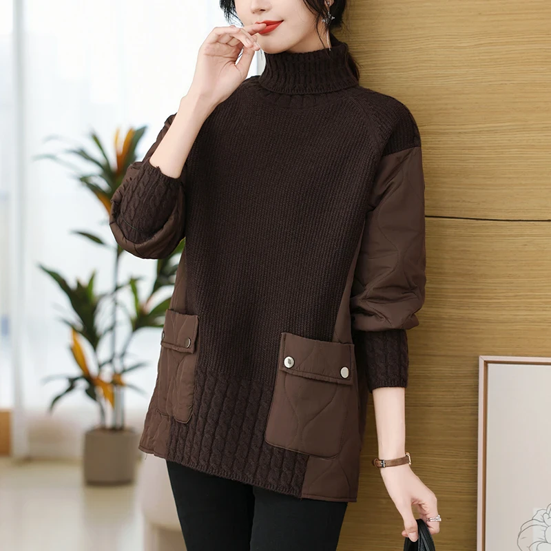 高级感毛衣女秋冬外穿时尚针织上衣遮肚高领打底衫中长款宽松大码