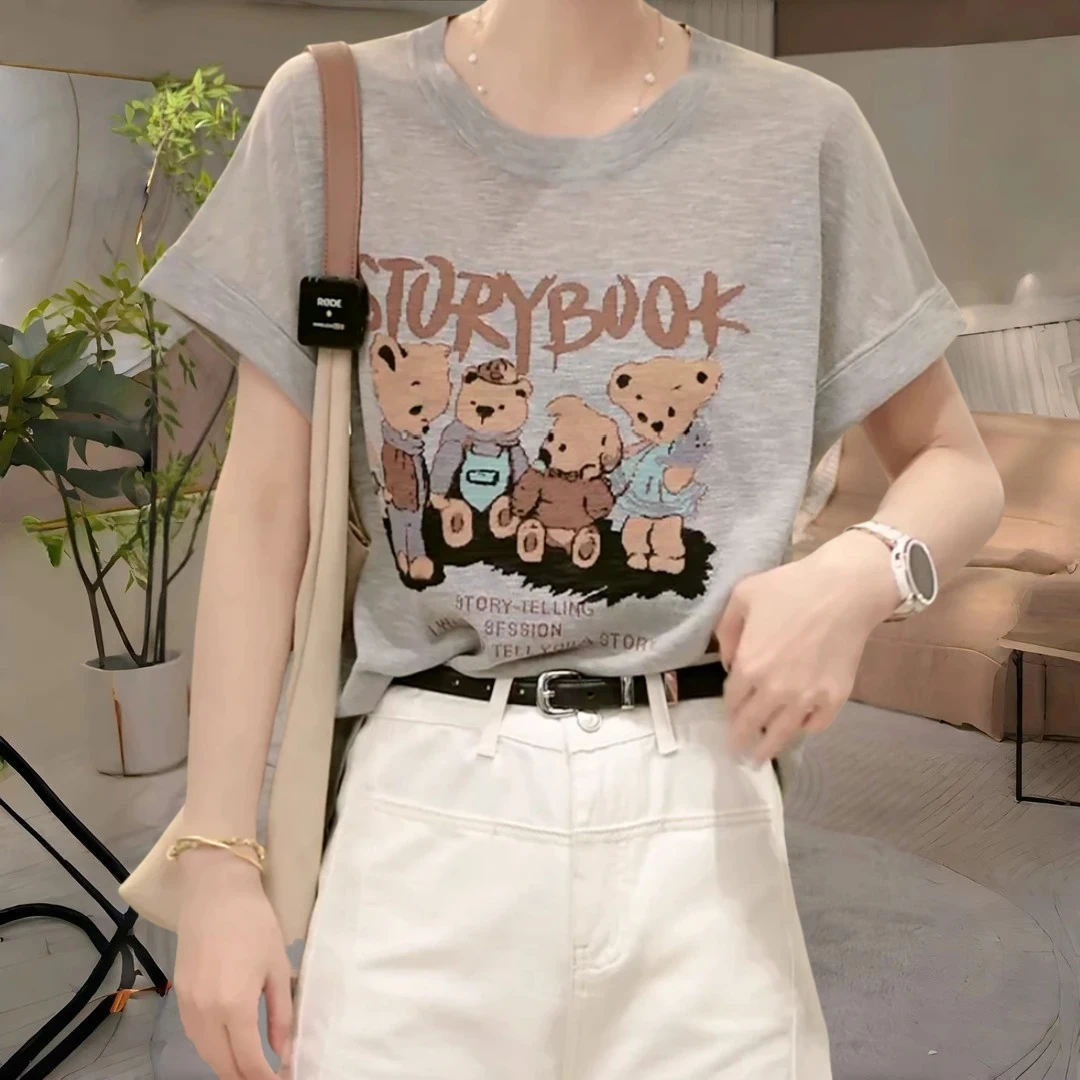 时尚洋气小熊提花圆领上衣韩版休闲百搭宽松显瘦灰色短袖t恤女夏