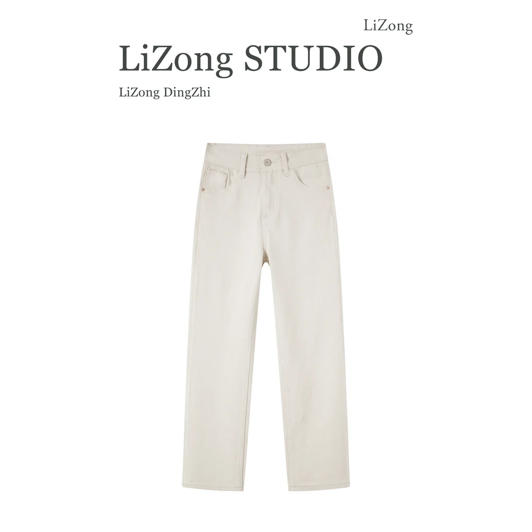 米白色直筒牛仔裤女冬季2025加绒加厚九分高腰宽松外穿显瘦烟管裤