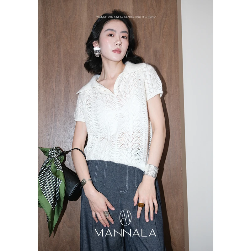 MANNALA丨“椰蓉衫”温柔羊毛马海毛短款镂空开春polo针织衫Q4413