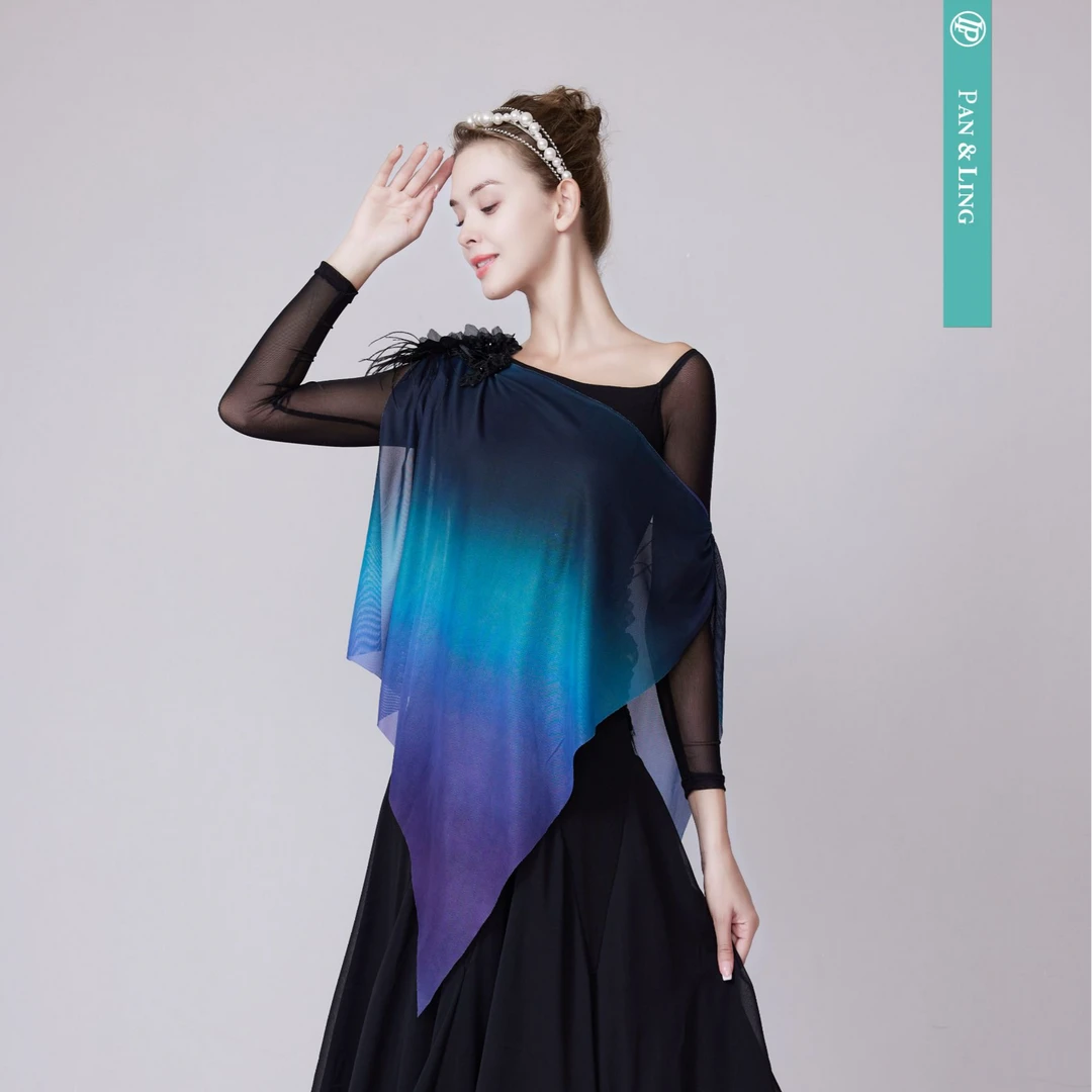 【LP舞服】原创设计-幻彩渐变纱披肩连衣裙飘逸摩登舞