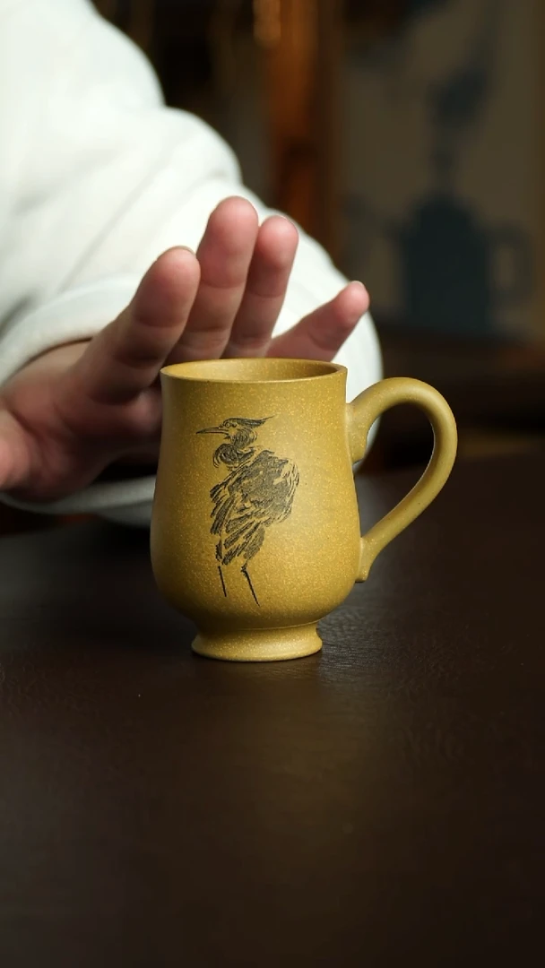 茶杯紫砂13号 黄金段白鹭鸟把杯 宜兴紫砂原矿作品