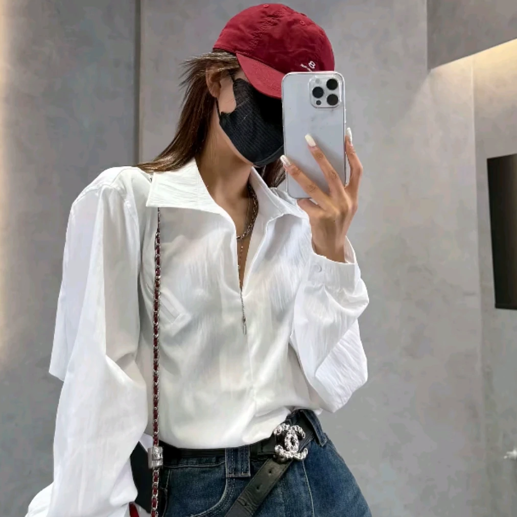 【大7定制】18958#翻领韩版宽松长袖衬衫上衣女