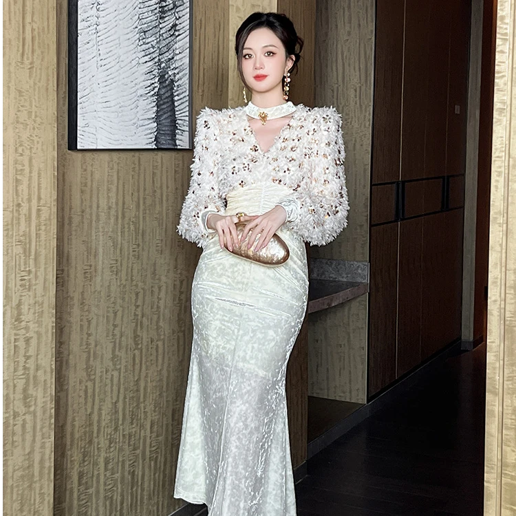 2025秋季新款法式名媛时尚优雅气质收腰显瘦拼接亮片鱼尾裙70669