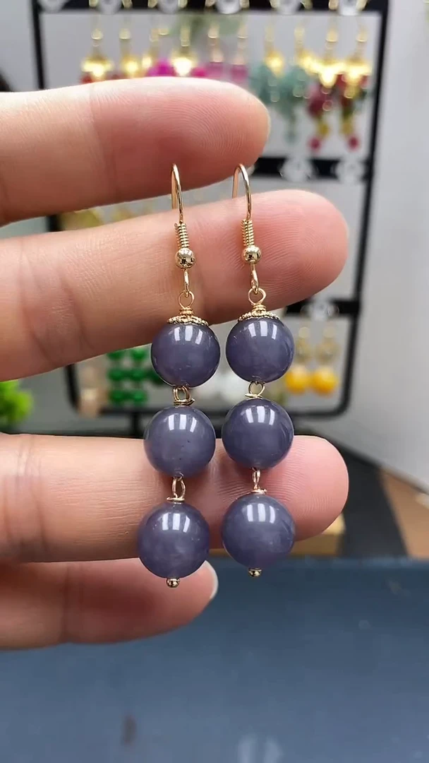 和田玉银S925镀金镶嵌耳饰尺寸10mm烟紫连珠