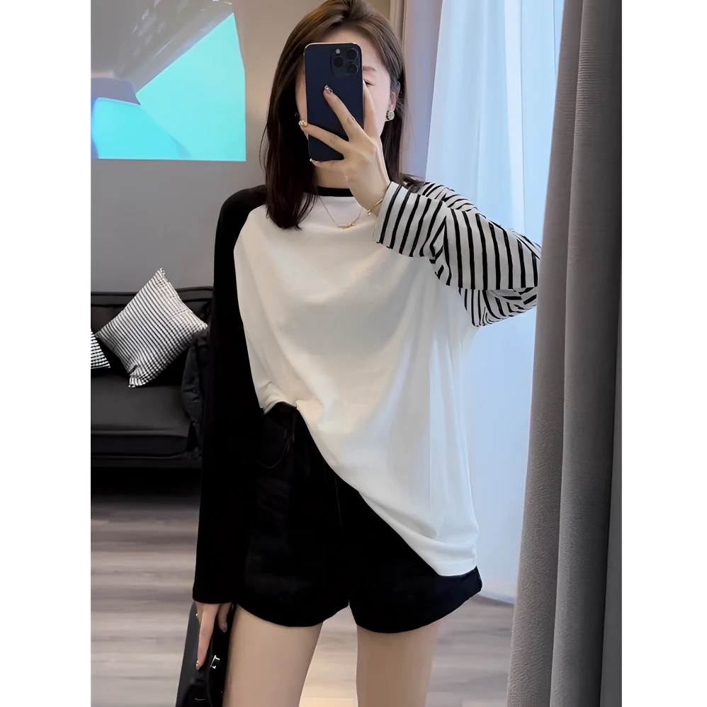 欧货撞色拼接长袖T恤女2025打底薄款新款宽松百搭设计感小众上衣