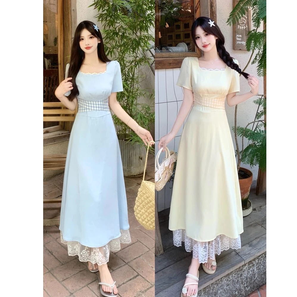 2025夏季新款时尚复古蕾丝拼接方领中长款连衣裙女小众显瘦裙子