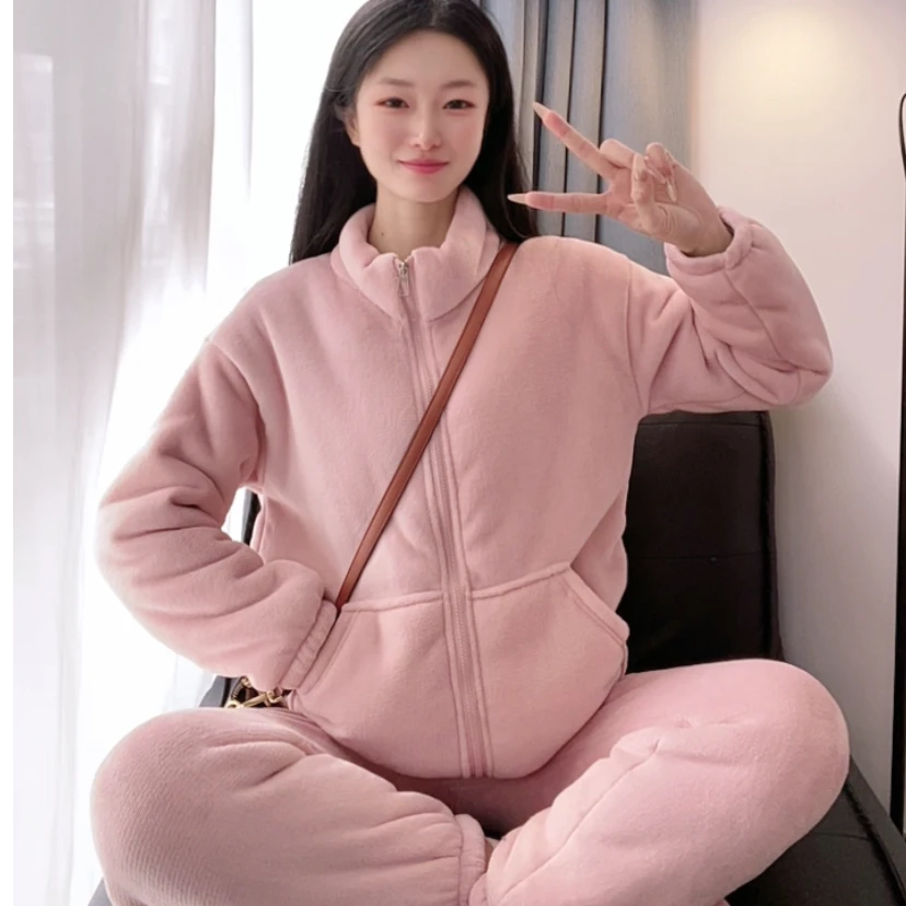 【双层睡衣】新款睡衣秋冬女士加绒休闲套装拉链款家居服可外穿