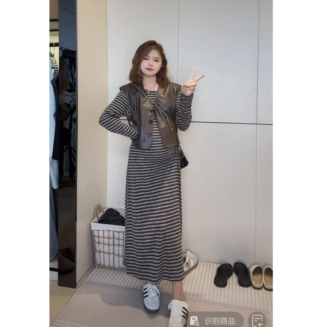 yomi~韩系秋冬孕妇2025新款美拉德皮马甲+针织抽绳长袖两件套装