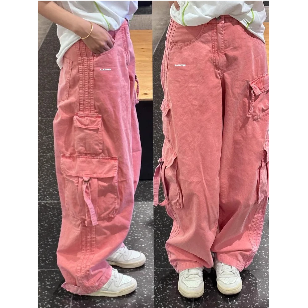 临典粉色工装牛仔裤女2025夏季新款美式口袋飘带设计感百搭长裤