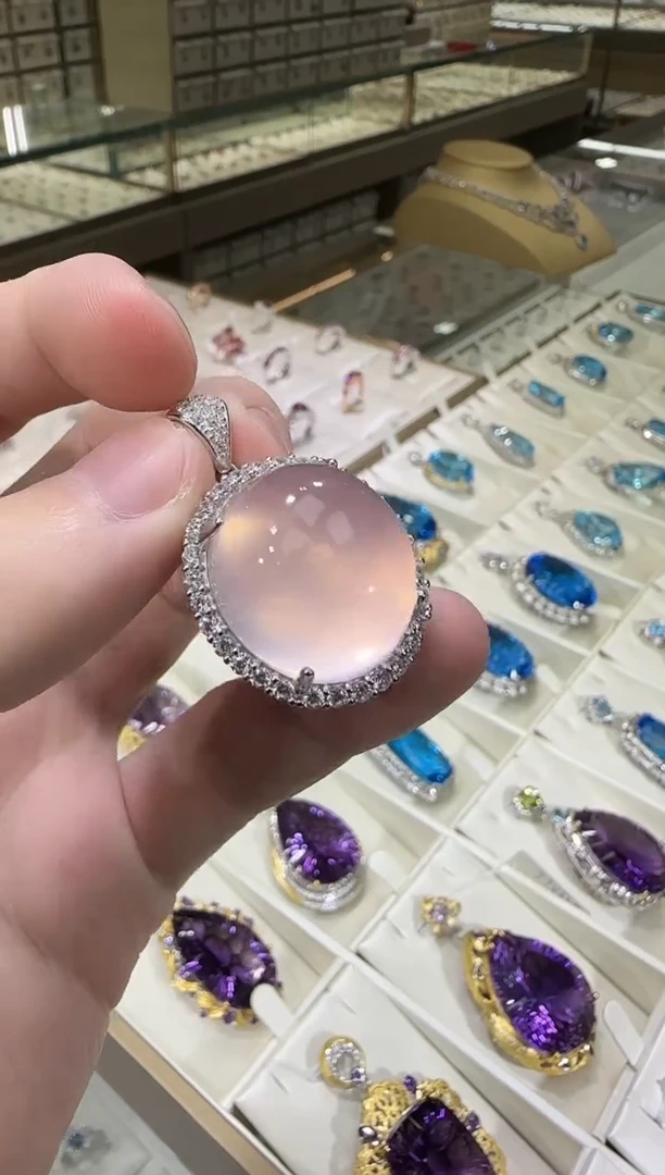 颈饰银S925镶嵌芙蓉石18*20mm星光粉水晶