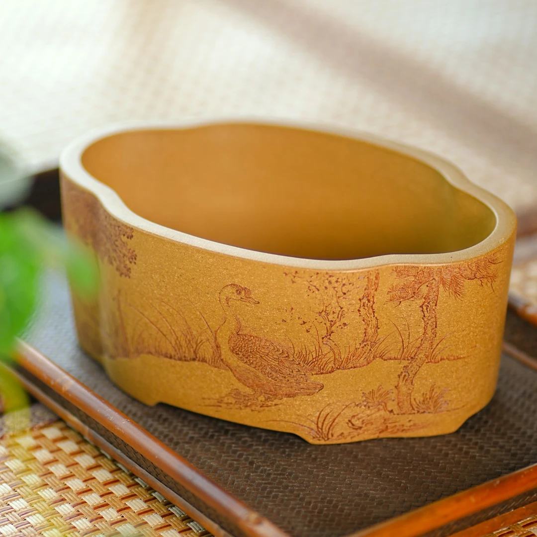 荷影禽趣 段泥  全手工制作 口径15x22.5cm 高9.3cm  水洗