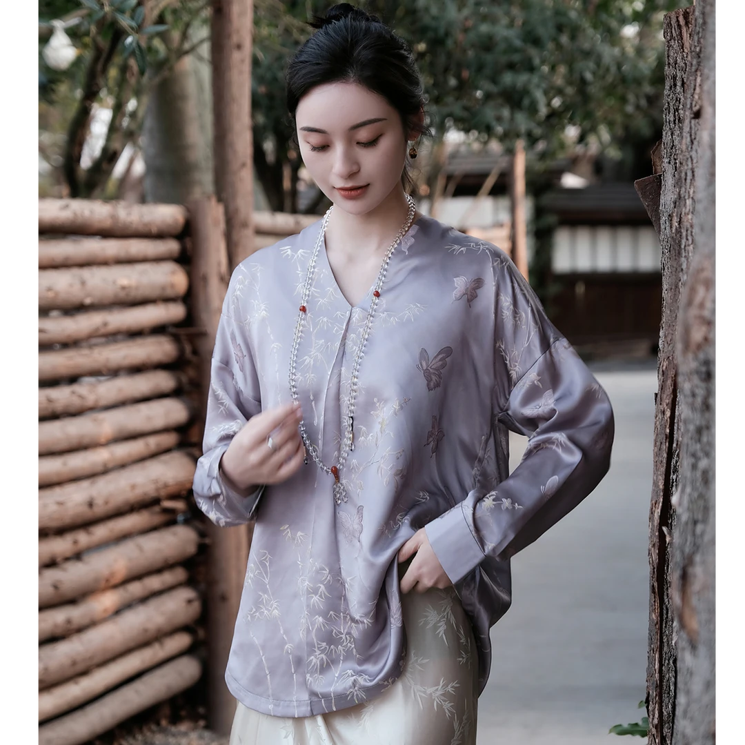 盛唐牡丹丨丁香紫文竹戏蝶中国风中式真丝上衣
