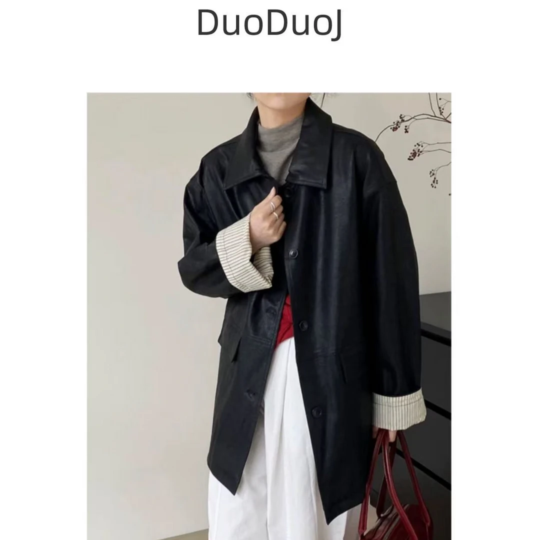 【DuoDuoJ】【685-1皮外套】春款韩版休闲复古翻领宽松潮流皮衣外套