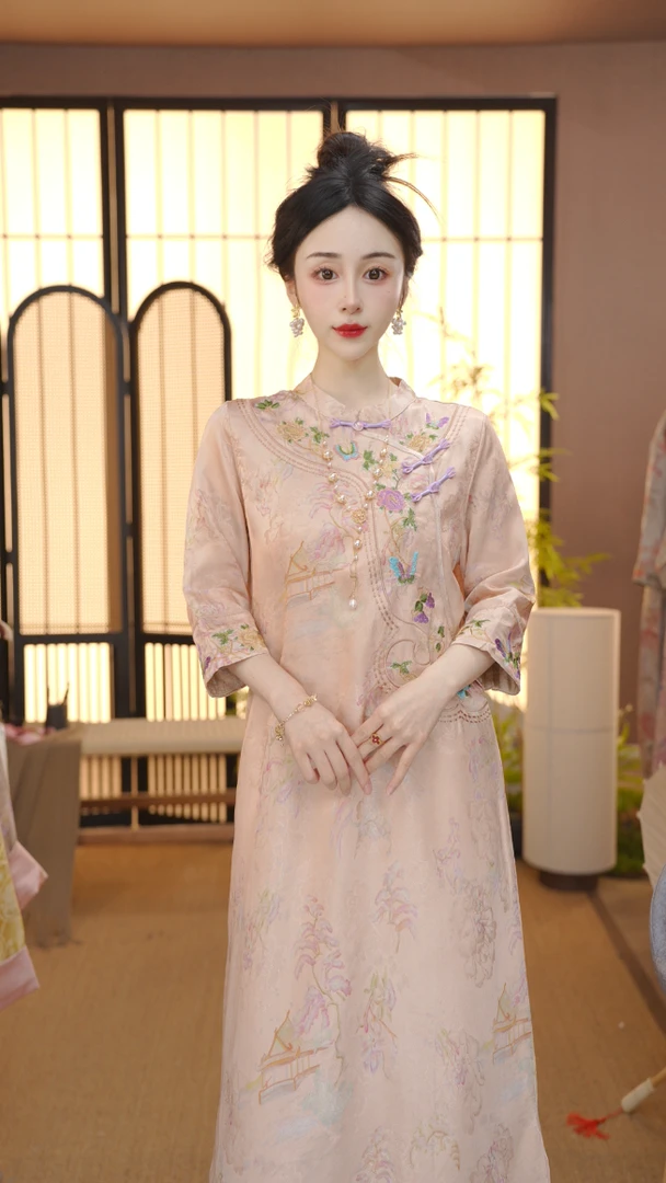 （粉海棠）2025新中式改良中式斜襟春夏季女装宽松连衣裙FB2503262