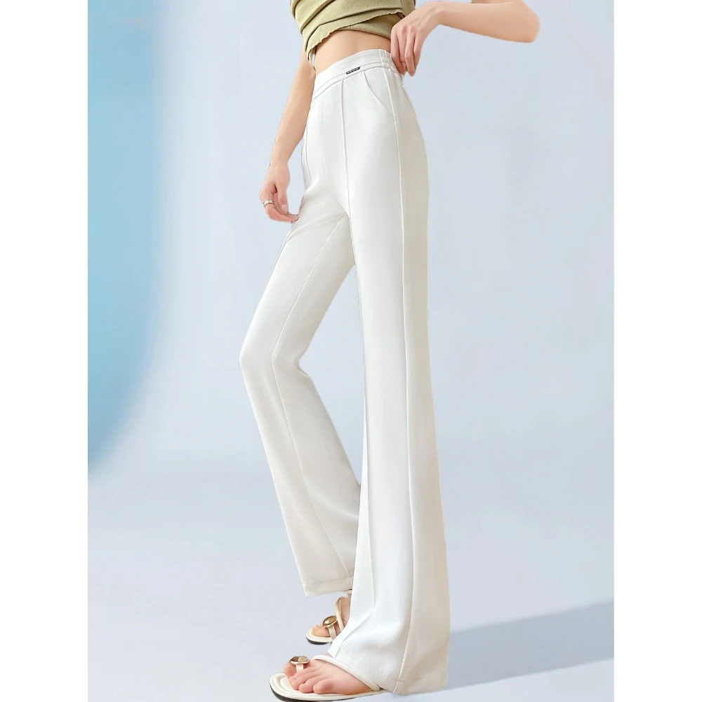 白色冰丝微喇西装裤女夏季薄款2025新款高腰垂感加长喇叭马蹄裤子