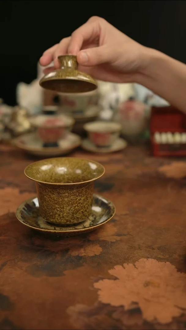 摩吉陶陶闪拍链接 茶叶末结晶釉三才盖碗