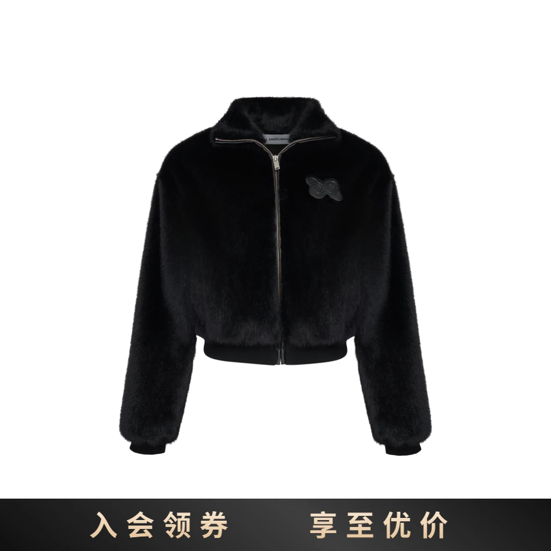 ANN ANDLEMAN 25秋冬新款纯黑色logo气质毛绒短外套女上衣