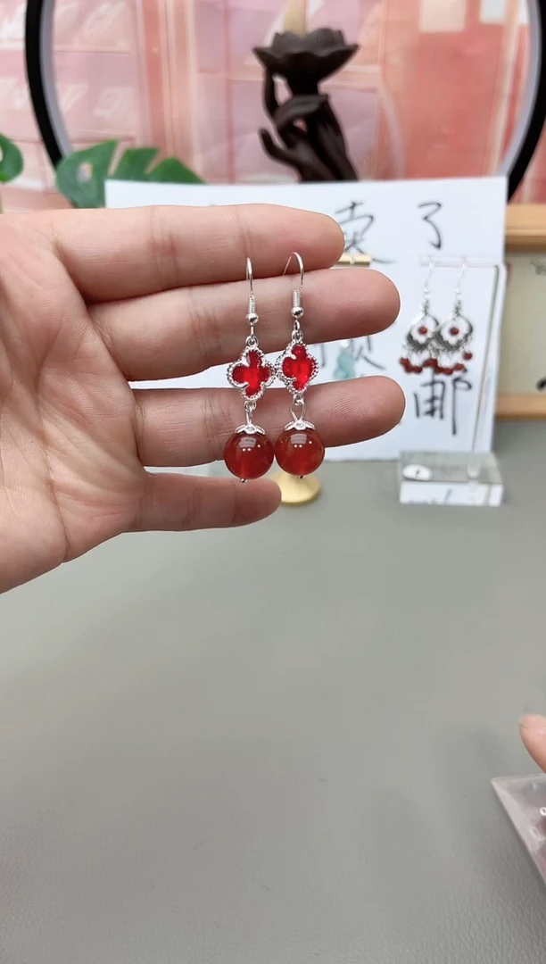 银S925镶嵌耳坠玛瑙/玉髓j402