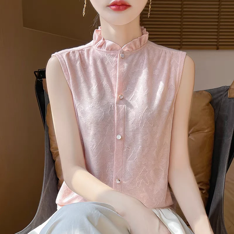 高级感吊带背心内搭女花边领无袖衬衫针织西装打底衫精仿羊毛上衣