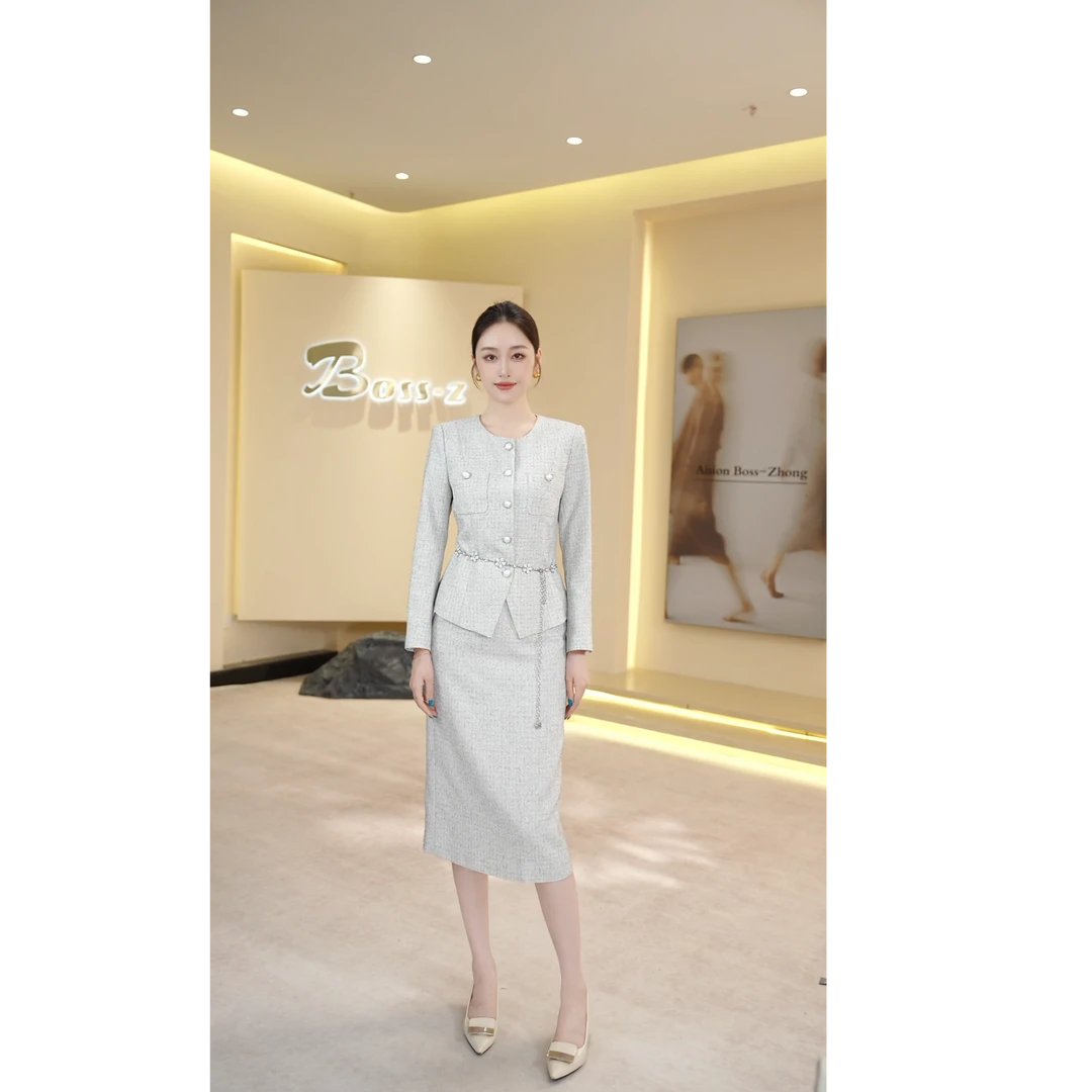 钟老板高级感灰色西装套装女秋季新款小香风西服半身裙两件套通勤