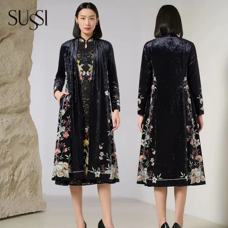 SUSSI/古色春季新品商场同款黑色长袖丝绒印花长款外套开衫女