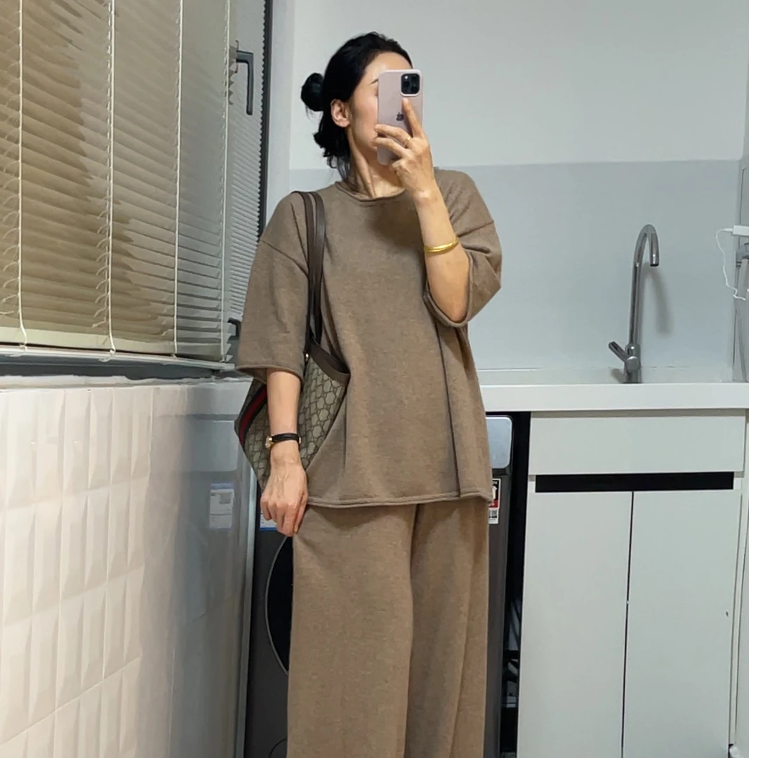 【100%纯山羊绒】圆领中袖针织上衣女 简约百搭