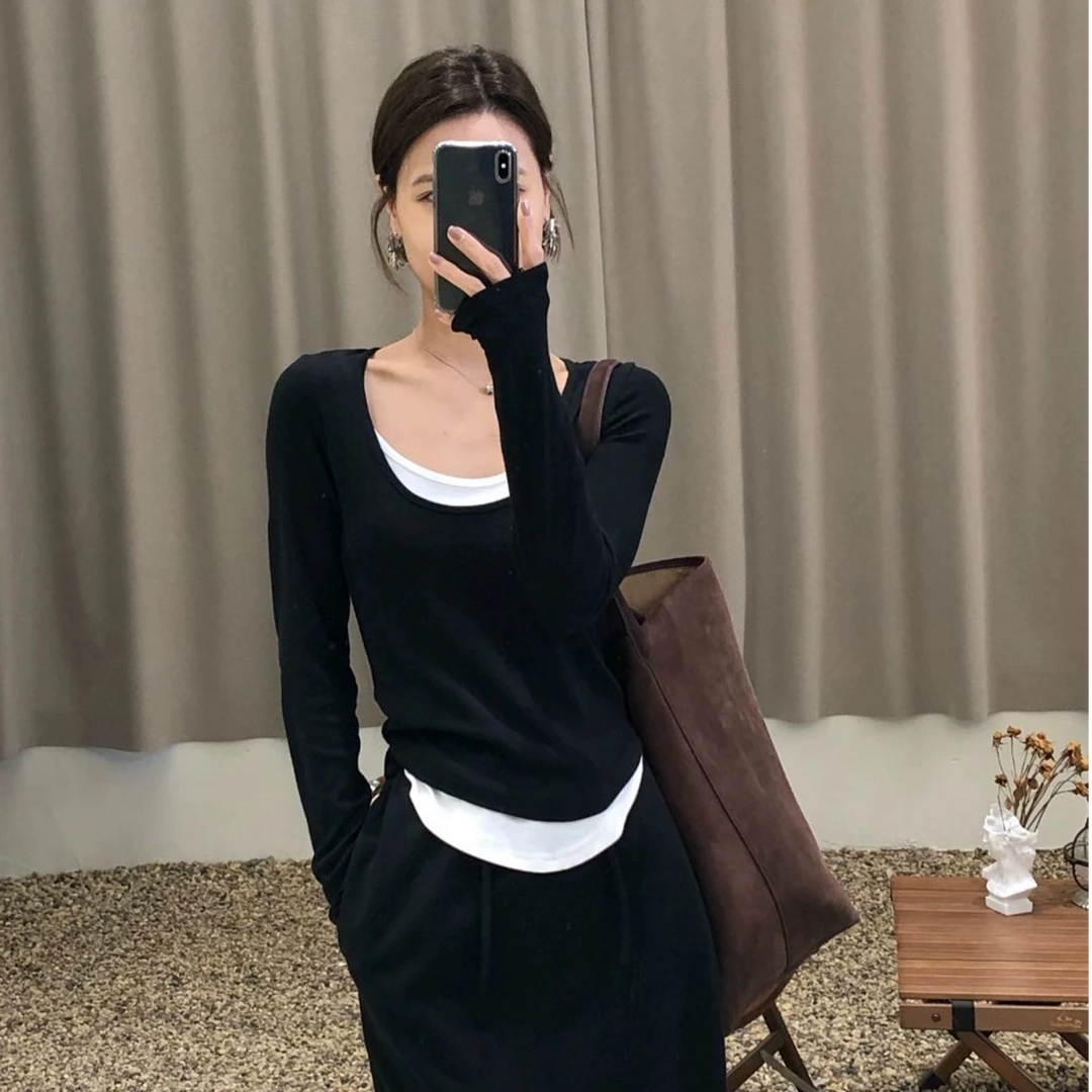 小芸姐春季女士时尚显瘦百搭圆领假两件套长袖T恤