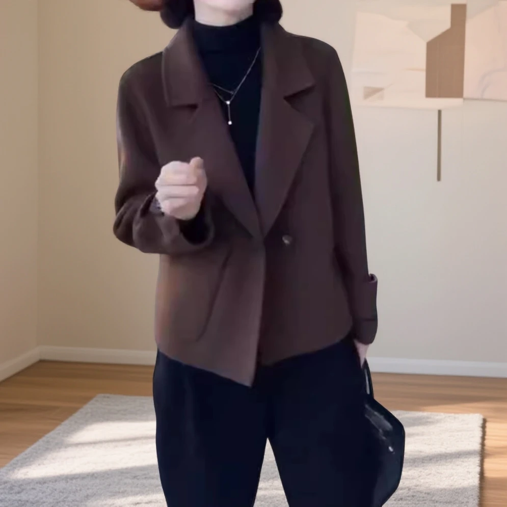 2025秋季新款时尚气质百搭简约翻领长袖毛呢外套显瘦休闲女士