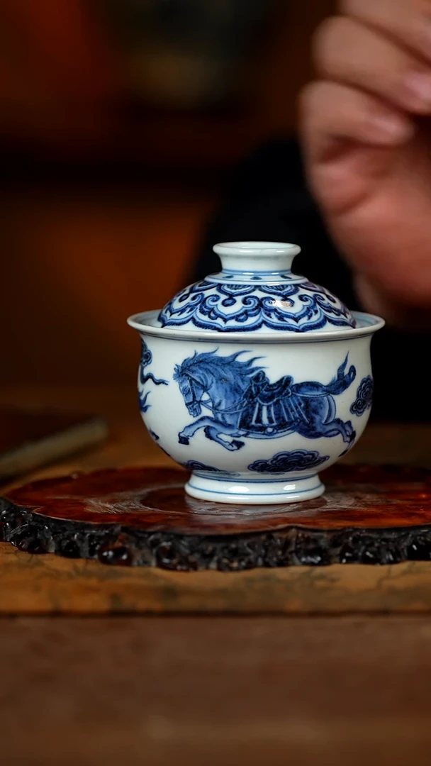 瓷五云随安 青花唐风骏马图盖碗