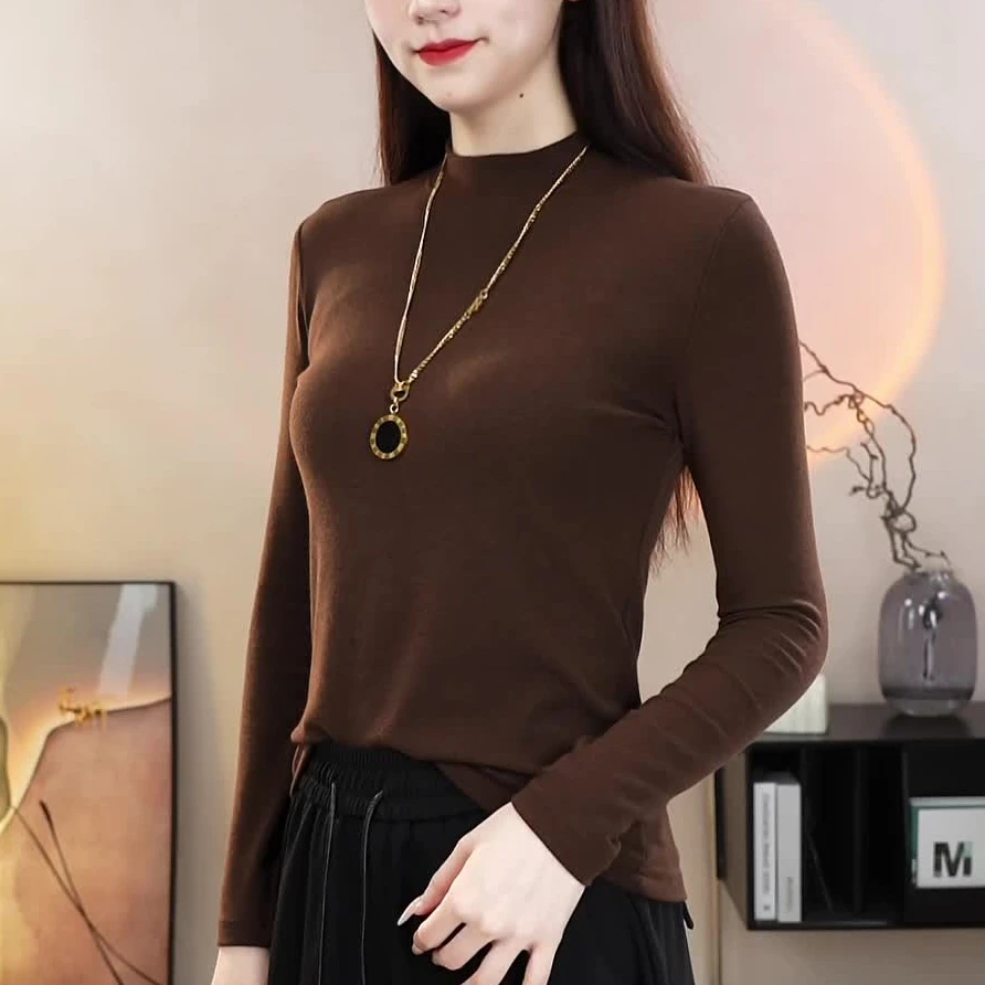 【静奢风】春季新款小立领打底衫简约内搭曲面螺纹棉木天丝长袖t恤1