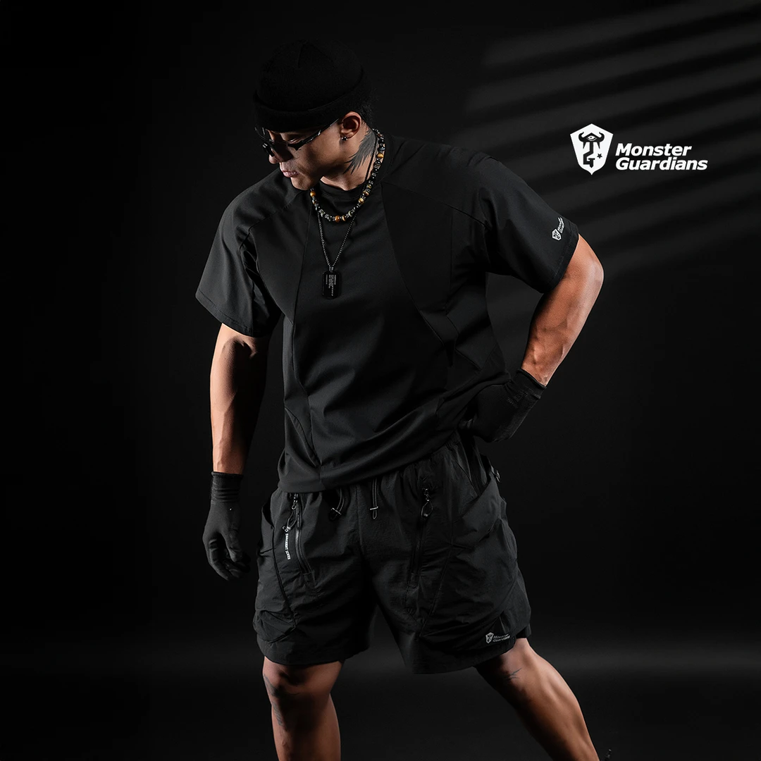 MonsterGuardians暗夜系列夏季男子机能风黑色运动工装短裤