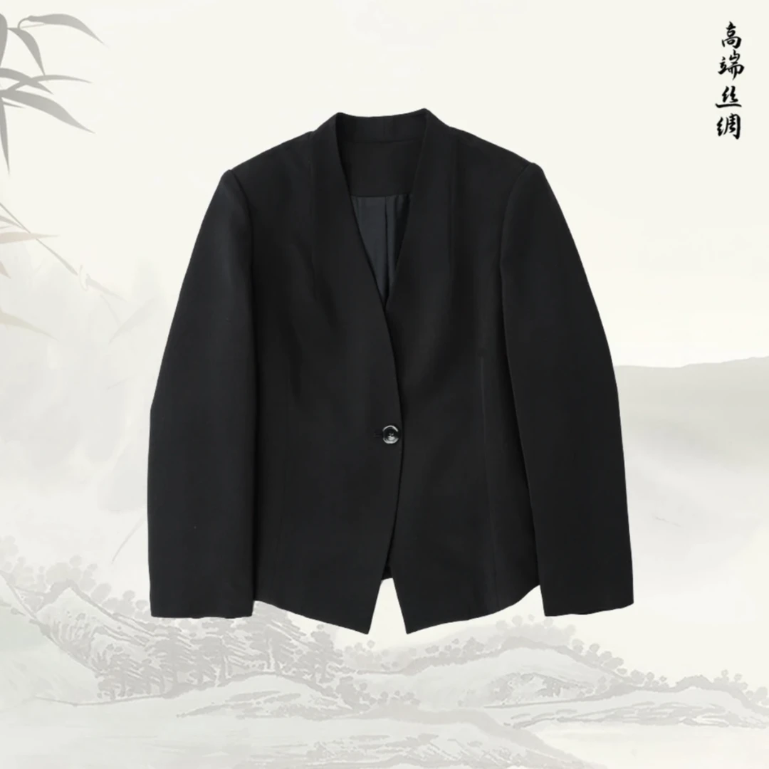 新款早春收腰正肩短款无领西装外套