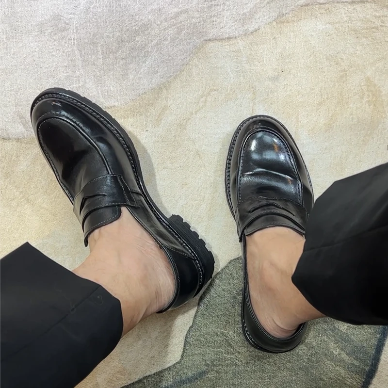 马皮褶皱设计师款男士商务休闲手工皮鞋一脚蹬踩跟乐福鞋黑