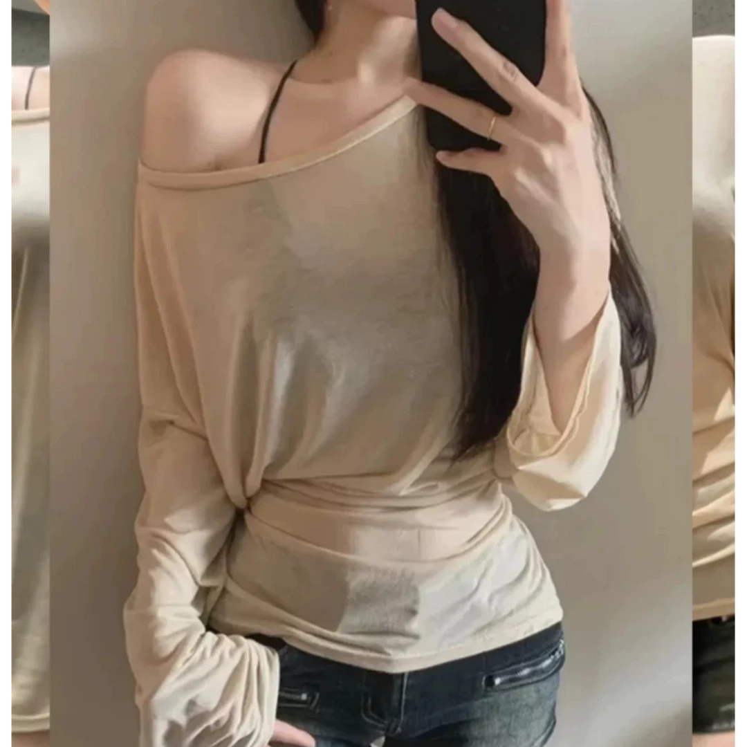 设计感斜肩薄款长袖t恤女夏季新款慵懒宽松显瘦微透防晒罩衫上衣