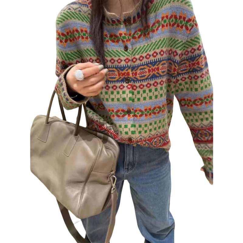 100%全羊毛费尔岛风格厚款长袖上衣秋冬提花时尚休闲条纹绿色开衫