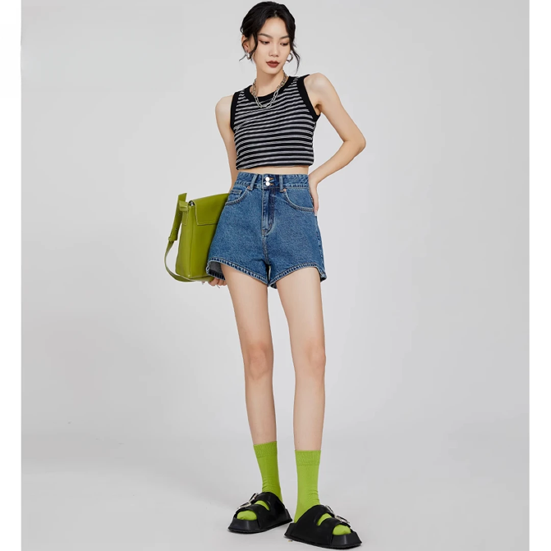深蓝色阔腿牛仔短裤女薄款2025夏季新款宽松显瘦百搭高腰a字热裤