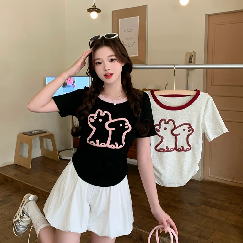 实拍2025夏装新款胖mm大码女美式俏皮卡通小狗撞色短袖T恤33685