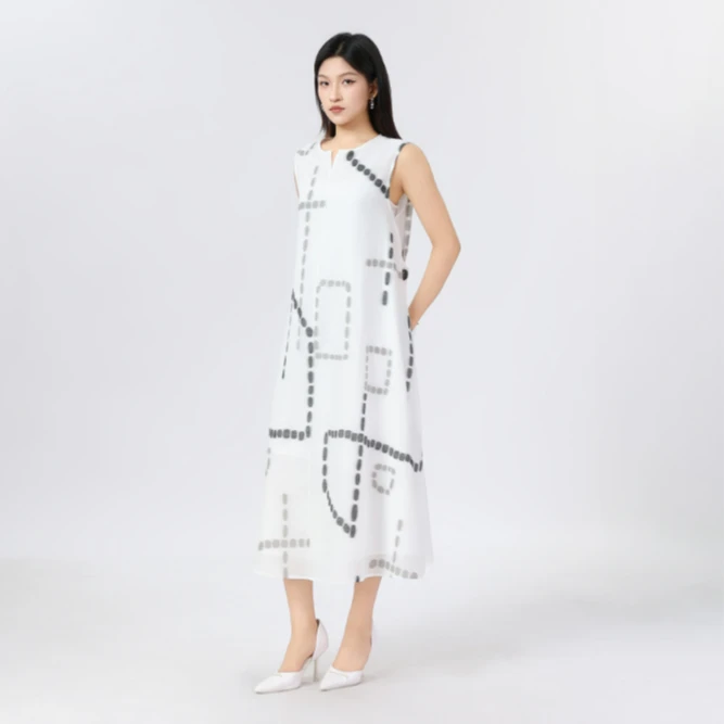 AMASS阿玛施新品早春新款黑白花纹连衣裙550005-2A66161