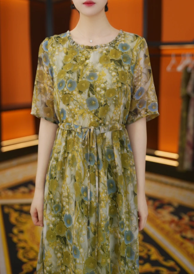 2025杭州正品-新款修身显瘦系带时尚名媛碎花短袖连衣裙女