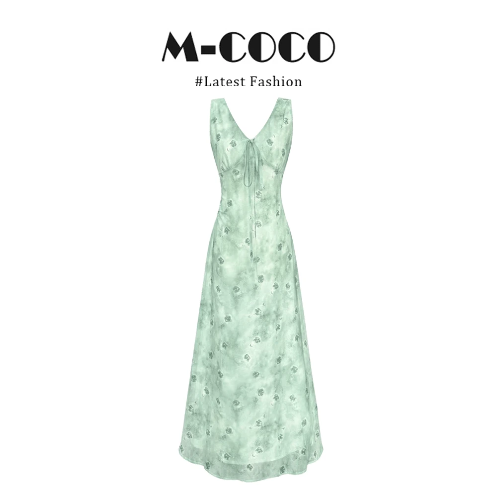 MARIE.COCO夏日氛围感碎花v领系带连衣裙女夏季修身收腰时尚裙子