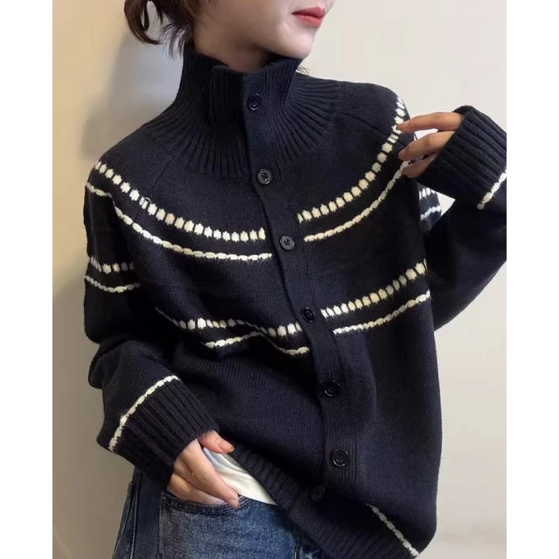 韩版时尚通勤百搭立领单排扣针织开衫女秋冬季新款洋气软糯开衫潮
